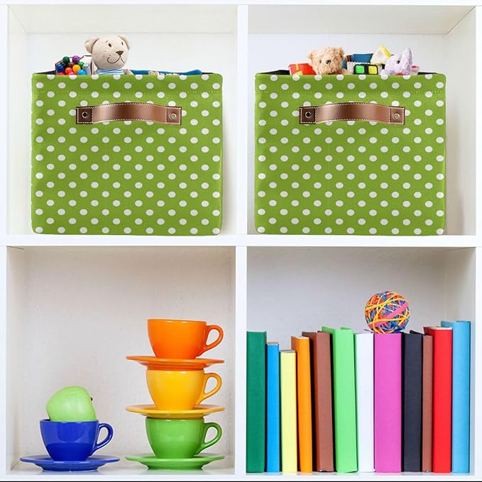 Wamika Green Polka Dot Storage Basket Fabric Kitchen Bathroom Baskets Toy Open Home Storage Bins Boxes Foldable Organizer Bag for Baby Cloth Book Shelf Closet Baskets 16×12×8 Inches