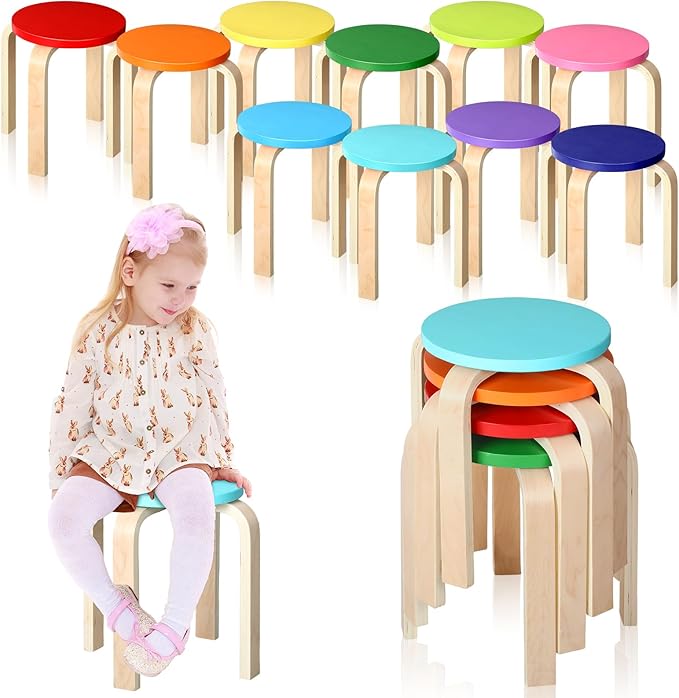 10 Pcs 12 Inch Bentwood Stacking Stool for Kids Colored Durable Round Nesting Stool Flexible Wood Stackable Stool Chairs for Playroom Daycare Home Classroom (Multicolored)