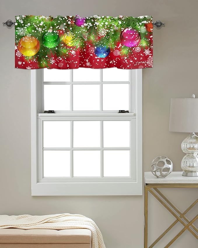 Vandarllin Christmas Balls Kitchen Curtains Valances for Windows Pine Tree Snowflakes Xmas Rod Pocket Window Treatment for Kitchen/Living Room/Bedroom/Bathroom,42" X 12" -1 Panel, Red