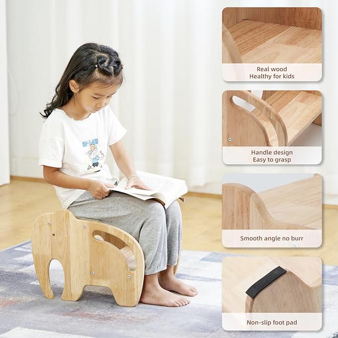 Wooden Step Stool for Kids Bathroom,Toddler Step Stool, Wood Kids Step Stools with Handles, Two Step Children's Stool for Bathroom, Kitchen, Bedroom, Potty Training (Elephant Shape)