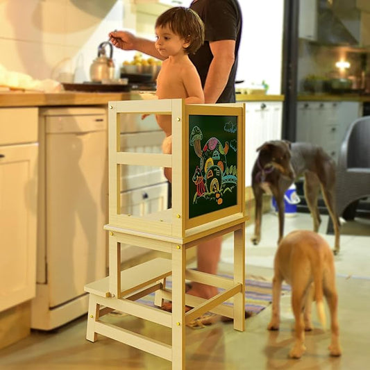 Toddler Kitchen Stool Helper, Step Stool for Kids with Chalkboard Safety Rail for Toddlers 18 Months and Olde