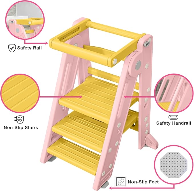 UNCLE WU Foldabel Toddler Tower, Safety Rail, 2-3 Step Adjustable Ladder- Heavy Duty Safety Toddler Step Stool for Bathroom Sink & Kitchen Stool -Ages 18 Months to 4 Years （Pink）