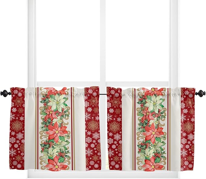 Watercolor Poinsettia Christmas Kitchen Curtains and Valances Set, Red Xmas Winter Holiday Windows Treatments Tiers Half/Short Curtains for Small Windows Cafe /Living Room/ Bedroom 54x24 in Gold White