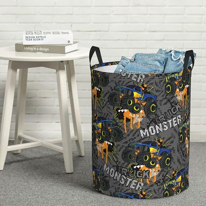 Monster Trucks Car Pattern Round Laundry Hamper Storage Basket Toys Clothes Organizer Bin For Home Bathroom Bedroom Dorm Nursery, 62l