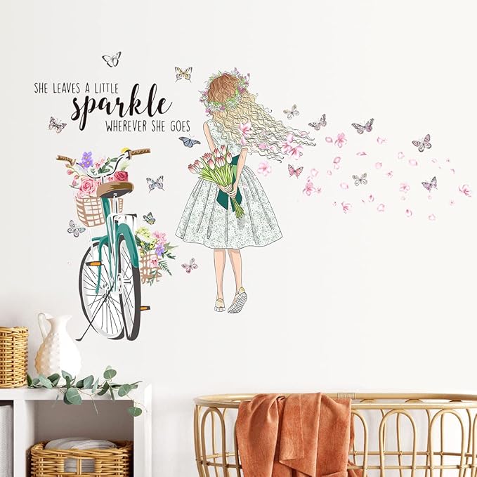 Bike Girl Wall Stickers Flower and Butterfly Wall Art Decal DIY Peel and Stick Motivational Quotes Wall Sticker for Home Decor Living Room TV Sofa Background Bathroom Girls Kids Bedroom Office Kitchen (B)