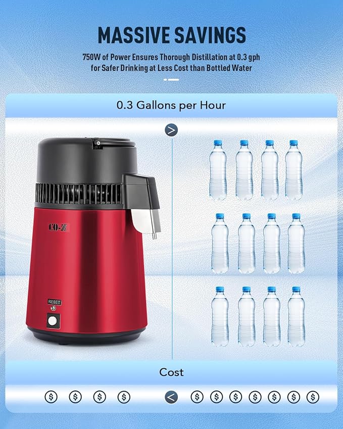 CO-Z 1.1 Gallon Water Distiller, 1750W Countertop Distilled Water Machine 4L 304 Stainless Steel Distilled Water Maker with Glass Container Dual Temperature Display Timer for Home Office Travel