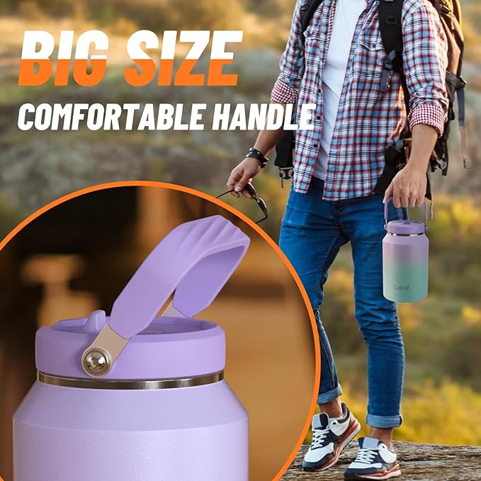 64oz Insulated Water Bottle, Stainless Steel Water Bottles with Flip Straw and Top Handle, Leak Proof, No Sweat, Iced for 34 Hours, Vacuum Insulated Cup for Home, Office, Hiking, Car