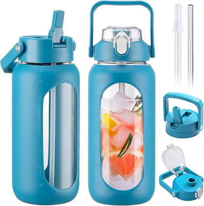 BLUEGO 64oz Glass Water Bottles with 2 Lids Flip Lid and Spout Lid Half Gallon Water Bottle with Straw 2L Large Water Bottle with Time and Capacity Markers for Gym Home Office Leak-proof, Blue