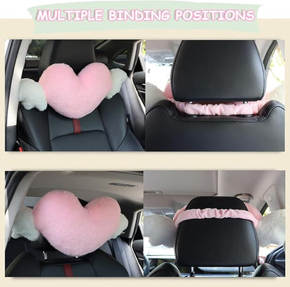 2 Pack Heart Shaped Pillow with Angel Wings Cute Neck Pillow for Car Headrest Cushion Comfortable Soft Car Pillow for Driving Seat Back Kawaii Car Accessories Travelling Home Décor - Pink