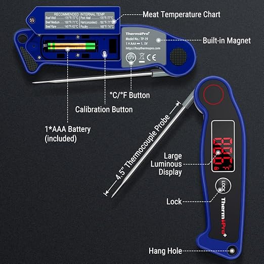 ThermoPro TP19 Waterproof Digital Meat Thermometer for Grilling with Ambidextrous Backlit & Thermocouple Instant Read Thermometer Kitchen Cooking Food Thermometer for Candy Water Oil BBQ Grill Smoker