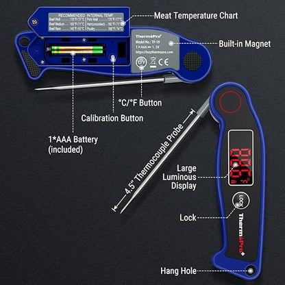 ThermoPro TP19 Waterproof Digital Meat Thermometer for Grilling with Ambidextrous Backlit & Thermocouple Instant Read Thermometer Kitchen Cooking Food Thermometer for Candy Water Oil BBQ Grill Smoker