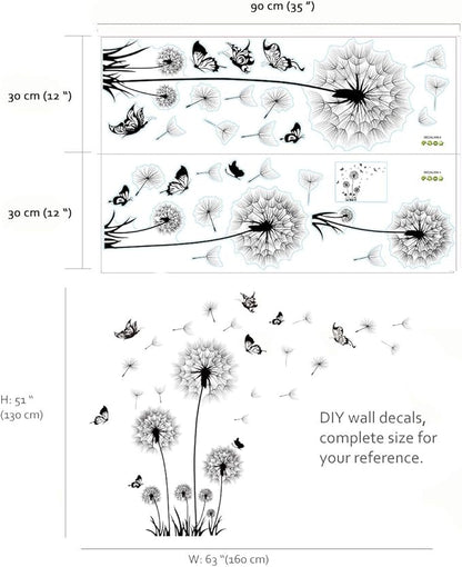 Runtoo Black Dandelion Wall Decals Flower Butterfly Wall Stickers for Living Room Bedroom Home Decoration Wall Décor