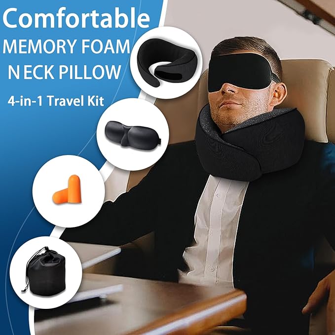 Travel Pillow-Neck Pillow Airplane-100% Memory Foam 360° Full Surrounding Travel Neck Pillow U-Shaped Pillow,Neck Pillow for Sleeping Travel with Eye Masks,Earplugs for Home, Airplanes and Car,Black