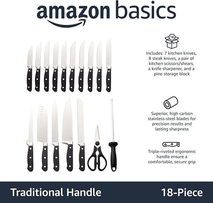 Amazon Basics 18-Piece Premium Kitchen High-Carbon Stainless Steel Blades with Pine Wood Knife Block Set, Black