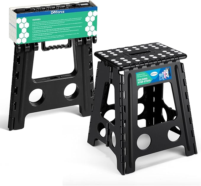 16 Inch Folding Step Stool 400lbs Capacity Sturdy Plastic Foldable Step Stools for Adults & Kids Stepping Stool with Handle Easy to Carry Handle Folding Stool Ideal for Kitchen (Black 1PC)