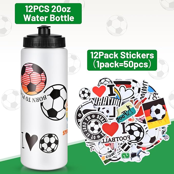 12 Pack Bulk Soccer Sports Water Bottle with 12 Pack Sticker Gift Set, Squeeze BPA-Free Reusable Water Bottles for Soccer Team Party Favors Gift（20OZ）