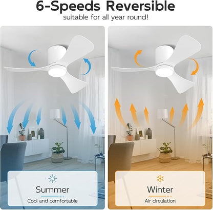 42 Inch Low Profile Ceiling Fan with Lights, Modern Flush Mount Ceiling Fan, 3 ABS Blades, 6-Speed, Reversible DC Motor, Noiseless, for Indoor/Outdoor Kitchen Bedroom (White)