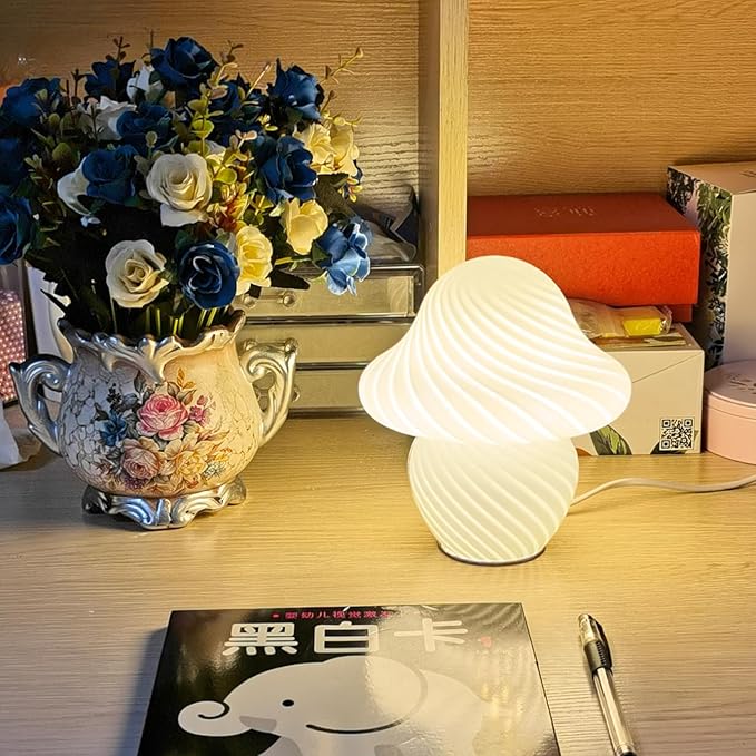 Mushroom Lamp, Small White Table Lamp with Striped Glass, Cute Little Swirl Nightstand Lamp for Bedroom Bedside Dorm Living Kitchen, Murano Style Aesthetic Kawaii Lamp for Home Decor Gift