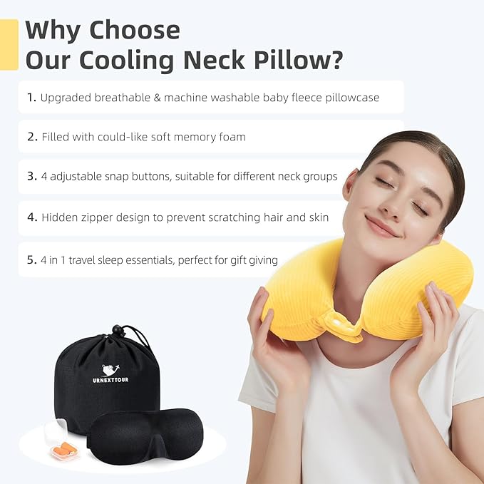 Travel Pillow, Neck Pillow Airplane Memory Foam with Sleep Mask Earplugs, Soft & Support Fleece Airplane Pillow for Travelling Plane Car Train Home Use, Yellow