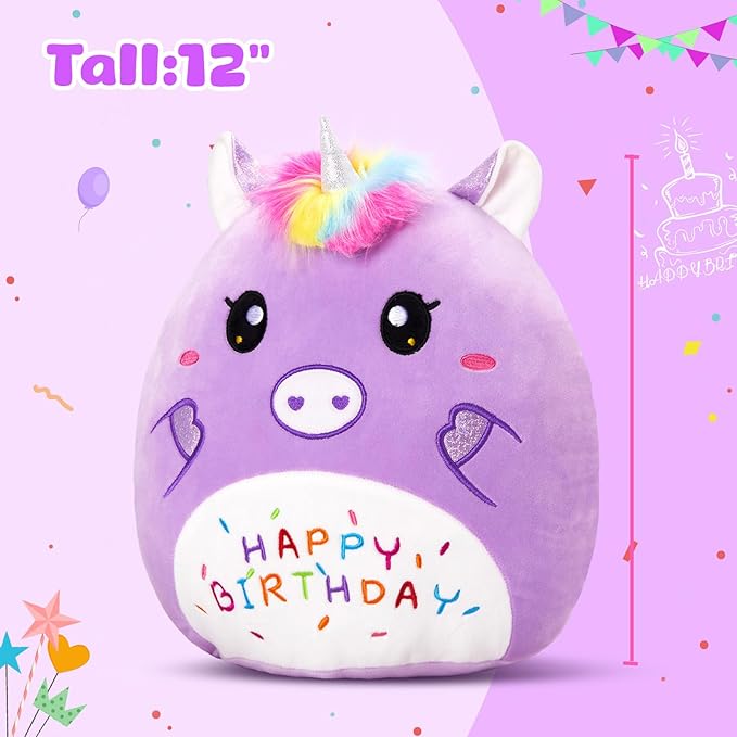 14” Birthday Unicorn Plush Pillow,Cute Unicorn Stuffed Animal,Soft Unicorn Plushies Pillow,Happy Birthday Unicorn Plush Toy Birthday Gifts for Kids Toddlers Girls Boys Room Decor (Purple)