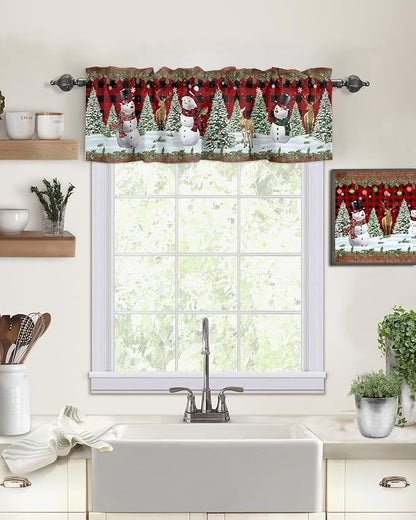 Vandarllin Christmas Snowman Kitchen Curtains Valances for Windows Christmas Tree Rod Pocket Window Treatment for Kitchen/Living Room/Bedroom/Bathroom,42" X 12" -1 Panel, Red Xmas Snowy Winter