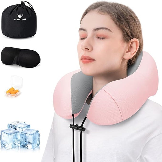 Travel Pillow for Airplane Memory Foam Neck Pillow, Soft & Support Travel Pillow for Travelling with Eye Mask, Earplugs and Storage Bag, Sleeping Rest, Car, Train and Home Use Cooling, Pink