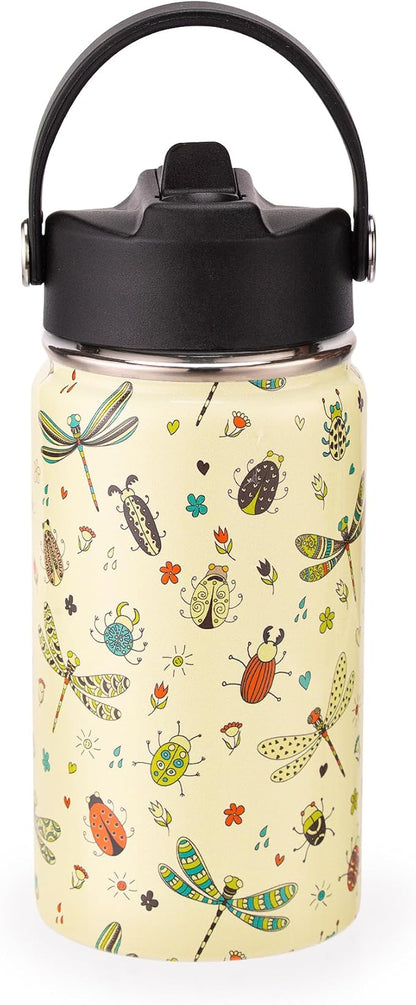 12oz Kids Insulated Water Bottle with Flip Straw & Big Handle, Dragonfly & Bugs, Double Wall 18/8 Stainless Steel, Leakproof Gift for Kids Boys Girls to School Travel Sports, Hands Wash Only, Yellow