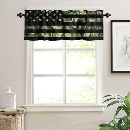 Valance Curtains for Kitchen Window, Rustic Green Camo Military Pattern American Flag Rod Pocket Valances Window Treatments Short Curtains for Bedroom/Living Room,54" X 18" -1 Panel,