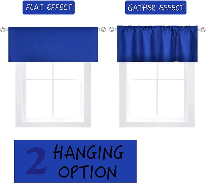 4 Panels Royal Blue Valance for Windows 42x18 Inch Solid Thermal Insulated Blackout Rod Pocket Kitchen Short Curtain Toppers Valance for Bathroom Living Room