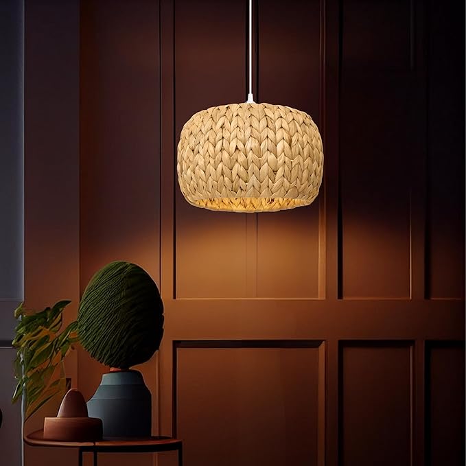 Rattan Pendant Light - Pumpkin Pendant Lights for Home Decor - Natural Woven Pendant Light; Wicker Pendant Light for Dining Room, Kitchen Island