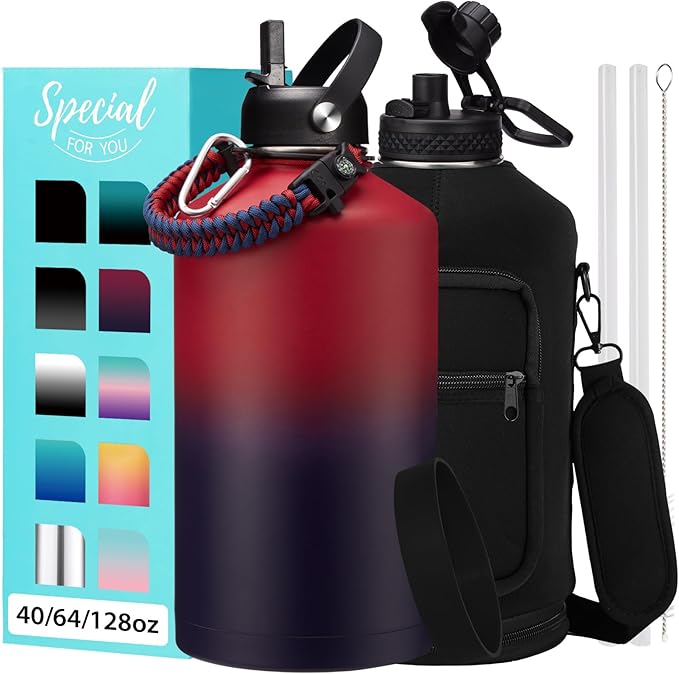 1 Gallon Water Bottle with Straw - 128oz Stainless Steel Water Jug with Sleeve Carrier Bag, Auto Spout Lid, Paracord Handle, Large Insulated Water Bottles Gallon Water Jug, Metal Hydro Thermo Flask