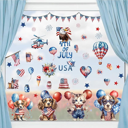 132Pcs Patriotic Window Clings Independence Day Window Stickers 9 Sheets Double-Sided USA Flag Stickers Fireworks Star Cat Dog 4th of July Window Decals Memorial Day Decor for Home School Decorations