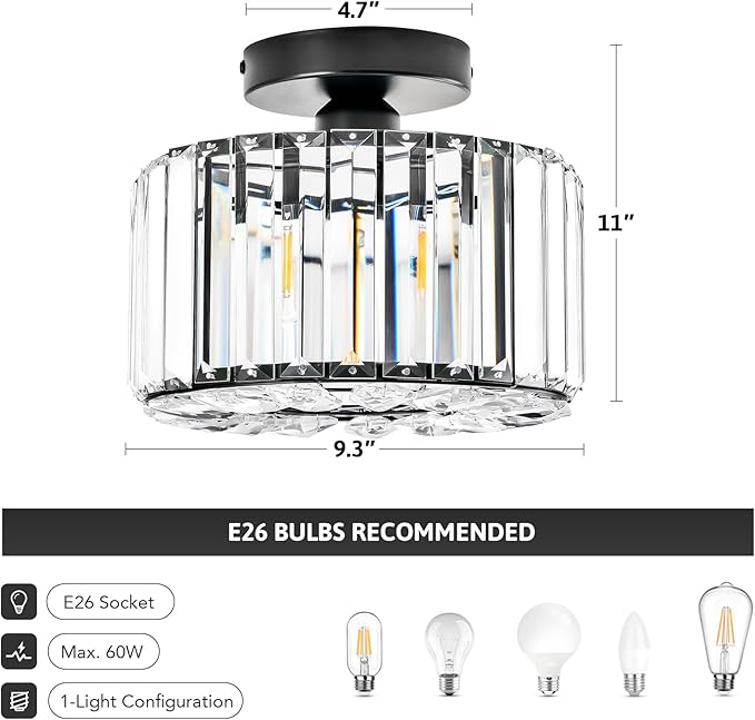 VONLUCE Crystal Light Fixture, Small Chandelier Light Fixture Modern Ceiling Light Fixture for Hallway, Black Semi Flush Mount Ceiling Light for Kitchen Bedroom Living Room Entryway