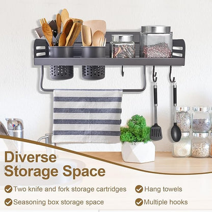 Spice Rack Organizer Wall Mount, Seasoning Rack with Hook,Space Aluminum Space Saver Racks for Kitchen, No Punching Required Wall Storage Organizer, Multifunctional Home Storage Rack