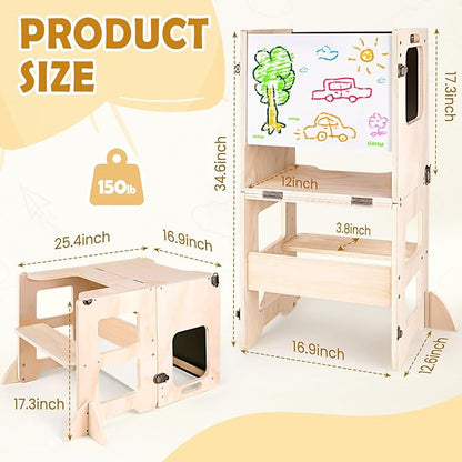 4-in-1 Toddler Kitchen Step Stool, Foldable Learning Standing Tower with Black&White board, Wooden Kitchen Stool Helper for Kids, 1-3 Year Old Boy Girl Gifts