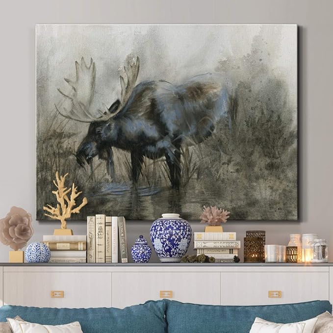 Renditions Gallery Canvas Animal Wall Art Home Paintings & Prints Scary Grazing Moose Abstract Black & White Horror Modern Artwork Decorations for Bedroom Office Kitchen - 32"x48" LT33