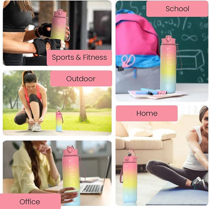 1L Water Bottle with Straw - Leak-Proof & BPA Free Reusable Sports Bottle - Motivational Time Markings for Hydration Durable Drink Bottle for Gym, Sports, Outdoor (Pink Yellow and Blue)