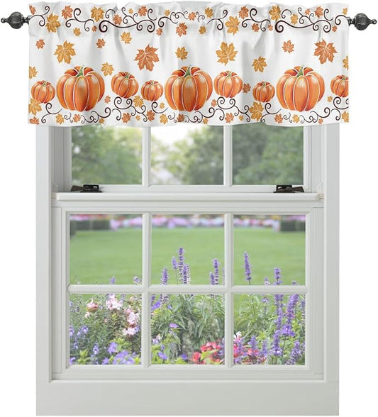 Vandarllin Fall Maple Leaves Kitchen Curtains Valances for Windows Thanksgiving Watercolor Pumpkins Rod Pocket Window Treatment for Kitchen/Living Room/Bedroom/Bathroom,42" X 18"-1 Panel, Orange