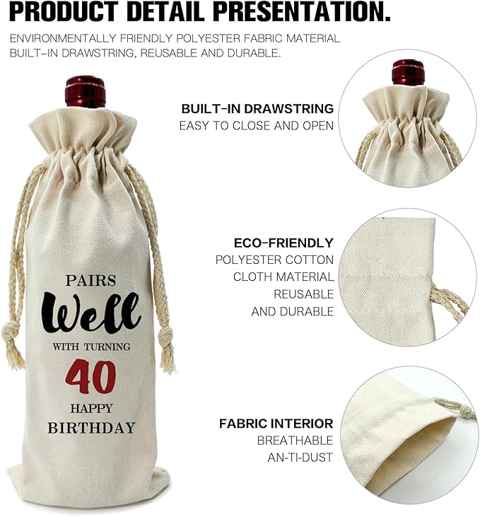 ZHANTUONE，40st Birthday Gift,Drawstring Polyester Cotton Cloth Wine Bag，Funny Birthday Wine Bag，40 Years Old Birthday Party Decoration Wine Bag Gifts,Birthday Party Decorations Ideas Wine Bag