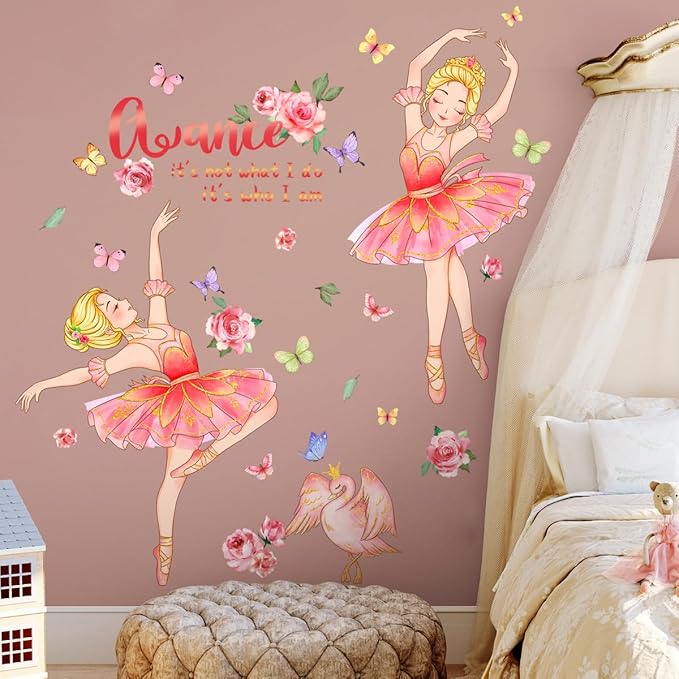 Ballerina Girl Wall Decals Dancing Girl Swan Dance Wall Stickers Swan Rose Butterfly Decor Inspirational Home Kid Room Decoration Bedroom Playroom Art Gift