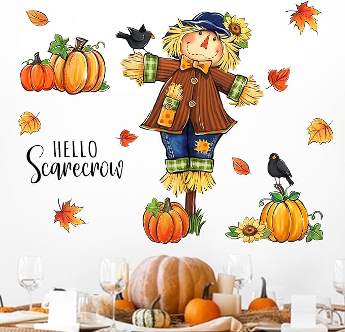 Mfault Fall Hello Scarecrow Wall Decals Stickers, Autumn Pumpkin Maple Leaves Farmhouse Decorations Bedroom Art, Thanksgiving Crow Sunflower Seasonal Home Kitchen Decor