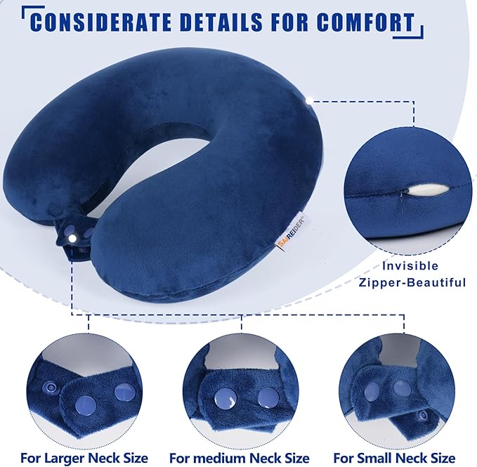 SAIREIDER Neck Pillows for Travel-Head Neck Support Travel Pillow for Traveling, Car, Home, Office Adjustable with Storage Bag (Navy Blue)