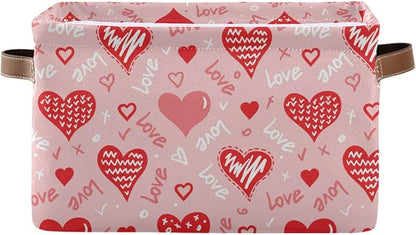 Wamika Pink Love Heart Storage Basket Fabric Kitchen Baskets Happy Valentine's Mother's Day Open Home Storage Bins Boxes Foldable Organizer Bag Cloth Toy Book Shelf Closet Baskets 16×12×8 Inches