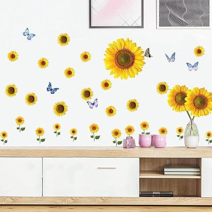 Sunflower Wall Stickers with 3D Butterfly Removable Yellow Flower Wall Decals Waterproof Sunflower Decor Mural for Nursery Baby Kids Bedroom Living Room Bathroom Kitchen Decoration (73 Pcs Yellow)