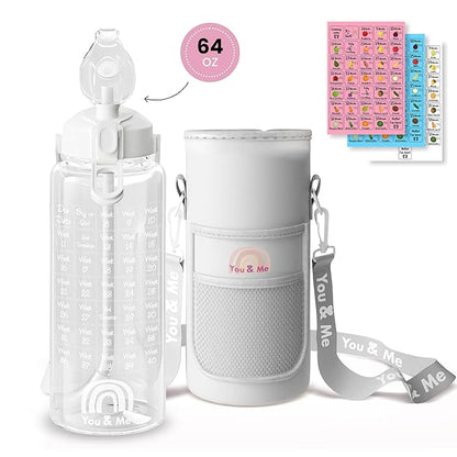 You & Me Pregnancy Water Bottle – 64oz Hydration Tracker with Milestone Stickers, Covered Straw Lid – Essential Gifts for Expecting Moms, BPA-Free, Includes Storage Sleeve