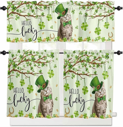 Vandarllin Lucky Cat St. Patrick's Day Kitchen Curtains and Valances Set, Green Spring Shamrocks Tree Windows Treatments Tiers Half/Short Curtains for Small Windows Cafe/Living Room/Bedroom 54x36 in