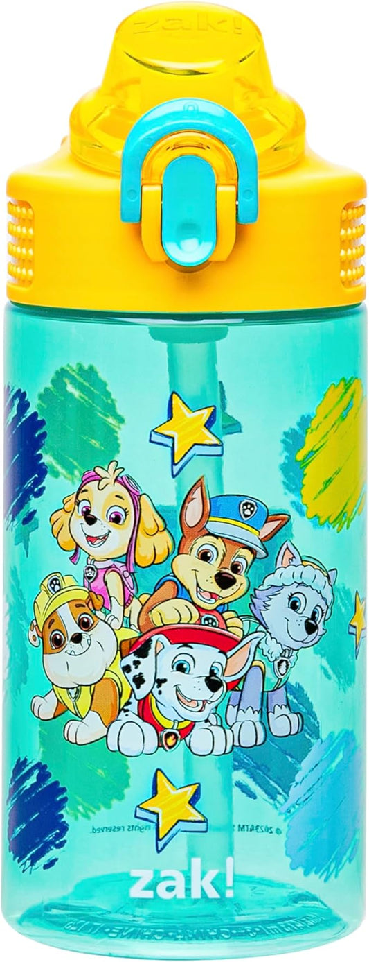 Zak Designs Sage PAW Patrol Water Bottle For School or Travel, 16oz Durable Plastic Water Bottle With Straw, Handle, and Leak-Proof, Pop-Up Spout Cover (Chase, Marshall, Skye, Rubble, Everest)