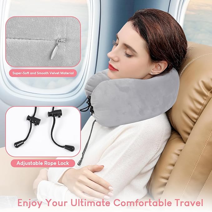 2 in 1 Stuffable Travel Neck Pillow for Extra Luggage & Airplane Footrest Set, Stuffable Neck Pillow for Travel, Airplane Foot Hammock, Fits 3+ Days of Airplane Travel Essentials (Grey)