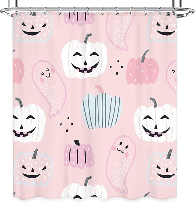 Pink Halloween Pumpkin Shower Curtain 60Wx72L Inch Cartoon Cute Ghost Kids Shower Curtain Bathroom Set Funny Spooky Girl Child Trick or Treat Bath Curtain Bathtub Accessories Home Decor