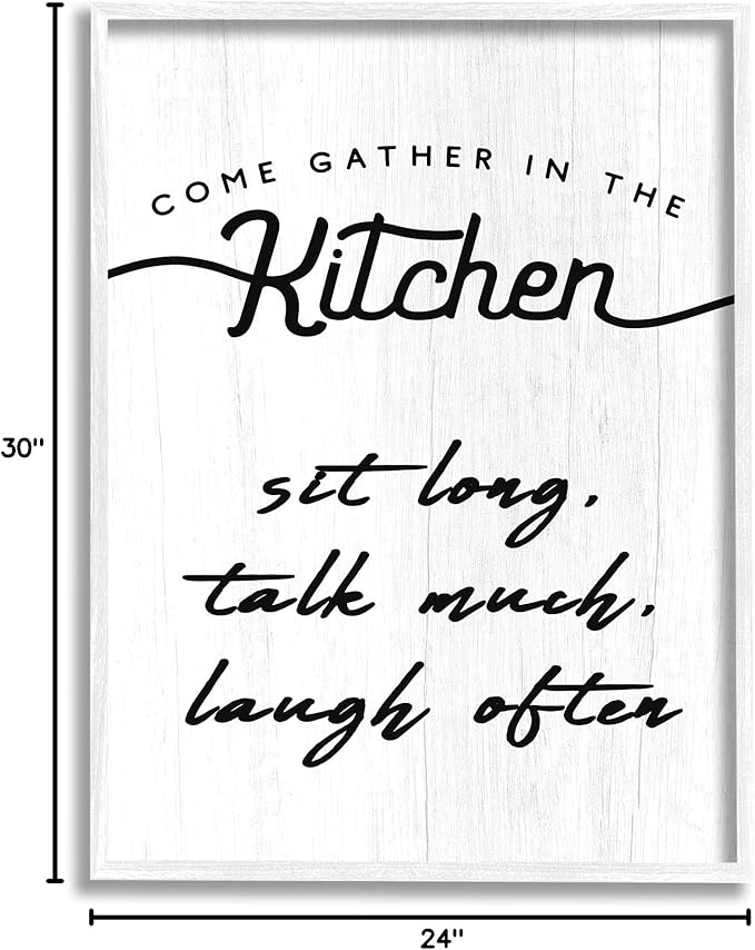 Stupell Industries Kitchen Gathering Sign Minimal Sit Talk Laugh Phrase, Designed by Daphne Polselli White Framed Wall Art, 24 x 30